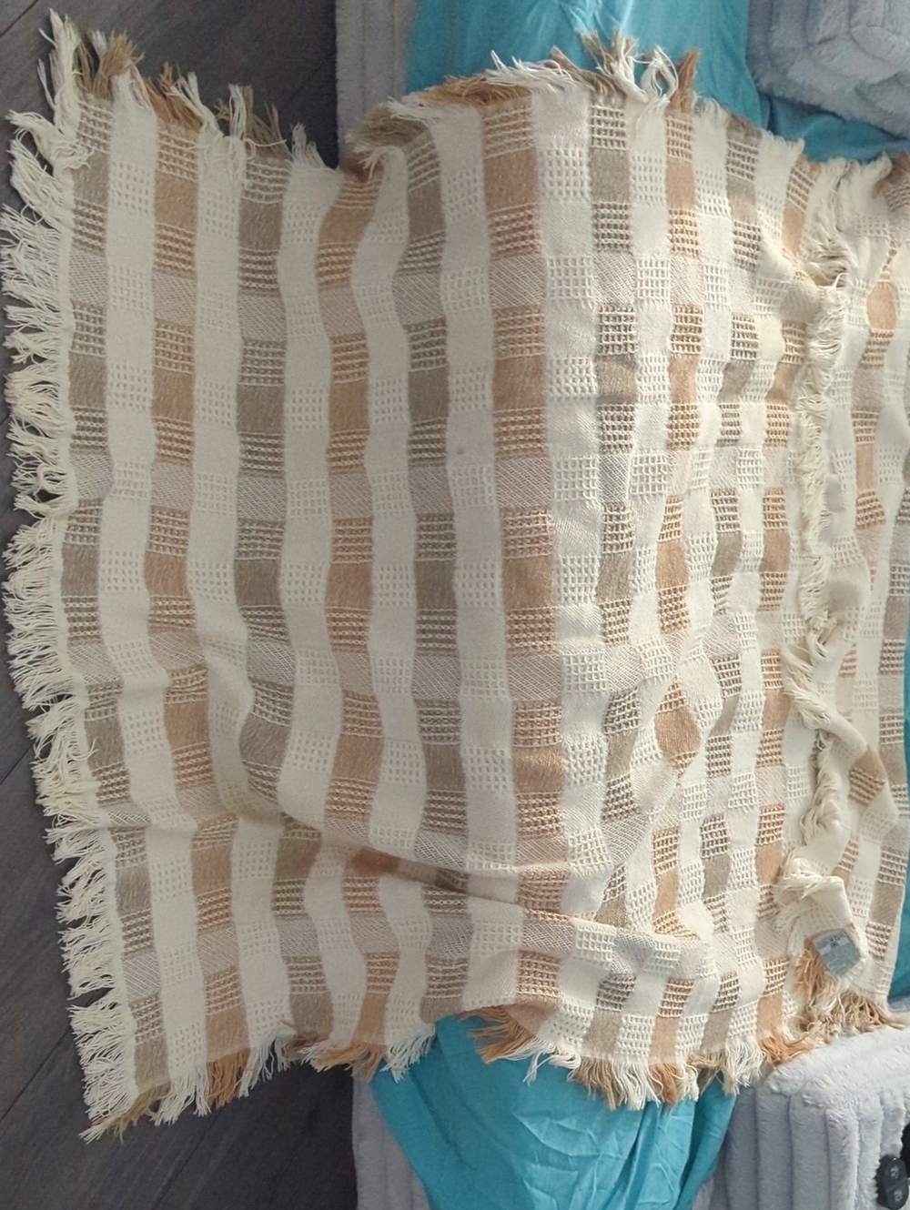 Vintage 100% Cotton Crown Crafts Woven Fringe Throw Blanket - Ivory & Beige